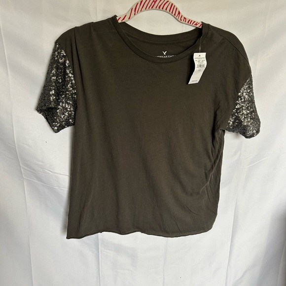 American Eagle sequin sleeve grey t-shirt. Sz small. Partially sheer. - Picture 2 of 10